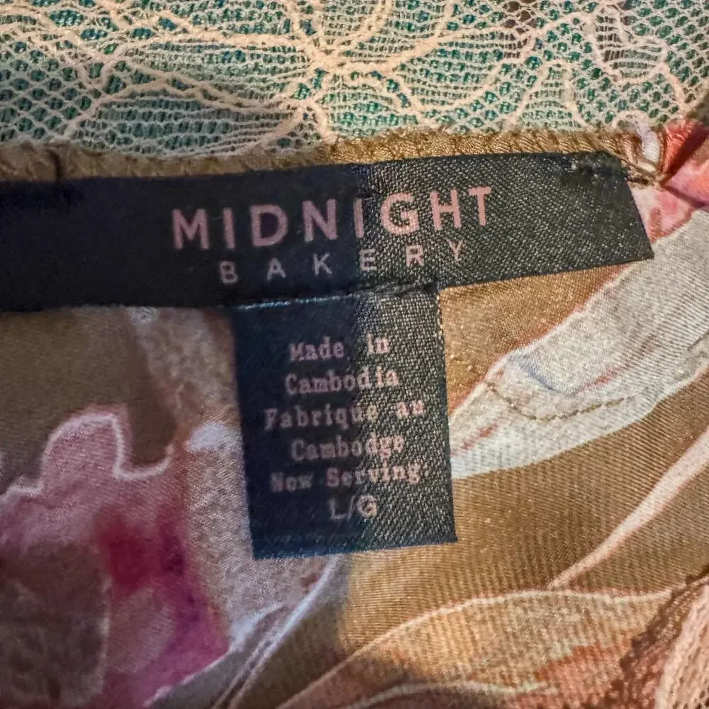 Midnight Bakery Floral Satin Kimono Robe & Lace Trim Slip Dress Set Size L